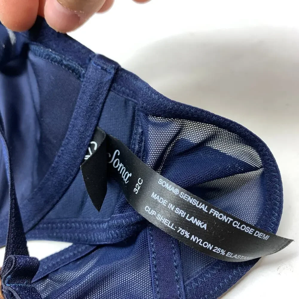 Soma Sensual Front Close Demi Bra 32C Navy Blue Underwire Mesh Lace Trim